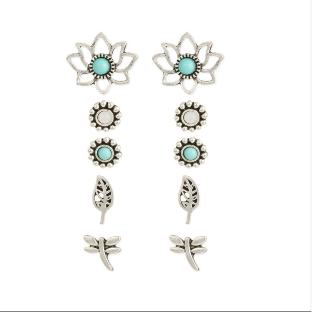 Teal & Silvertone Boho Bonanza Stud Earring Set